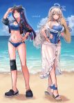  2girls ahoge animal_ears artist_name beach bikini black_jacket blue_bikini blue_hair blue_swimsuit breasts casual_one-piece_swimsuit cat_ears commentary_request full_body grey_eyes hat hat_removed headgear headwear_removed highres horizon jacket kantai_collection knee_pads large_breasts long_hair looking_at_viewer multicolored_hair multiple_girls ocean one-piece_swimsuit open_clothes open_jacket outdoors parted_lips ponytail redhead sandals sarong silver_hair single_knee_pad smile south_dakota_(kancolle) sports_bikini straw_hat sun_hat swimsuit visor_cap washington_(kancolle) white_hair wss_(nicoseiga19993411) 