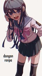  1girl :d arm_behind_back bangs black_legwear blue_eyes blue_hair blush bow commentary_request copyright_name dangan_ronpa:_trigger_happy_havoc dangan_ronpa_(series) eyebrows_visible_through_hair feet_out_of_frame grey_shirt hair_ornament hairclip hiding highres holding holding_knife holding_weapon knife leaning_forward long_hair long_sleeves looking_at_viewer maizono_sayaka miniskirt nzeneee open_mouth pink_bow pleated_skirt sailor_collar school_uniform serafuku shirt simple_background skirt smile solo standing teeth thigh-highs weapon zettai_ryouiki 