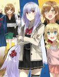  +_+ 3girls anger_vein apron blonde_hair blue_eyes brown_eyes brown_hair commentary_request crossed_arms frown green_eyes heterochromia jacket maid_apron miniskirt multiple_girls open_mouth original pleated_skirt purple_hair red_eyes school_uniform serafuku single_thighhigh skirt smile somechime_(sometime1209) sweatdrop thigh-highs twitter_username zettai_ryouiki 