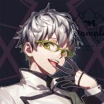  1boy :p aluce artist_name black_gloves finger_to_mouth glasses gloves green_eyes half_gloves looking_at_viewer open_mouth original pale_skin shiny shiny_hair shiny_skin short_hair signature simple_background smile solo standing tongue tongue_out watermark white_hair 