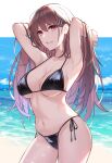  1girl aosaki_yukina armpits arms_up bangs bare_arms bare_shoulders beach bikini black_bikini blue_sky breasts brown_hair clouds commentary_request cowboy_shot day grin hair_ornament hairclip highres large_breasts long_hair looking_at_viewer navel original outdoors parted_lips side-tie_bikini sky smile solo standing stomach swimsuit thighs very_long_hair violet_eyes water 