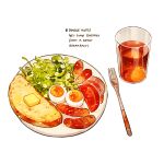  bread butter commentary cup cyannism drink english_commentary english_text food food_focus fork meat no_humans original plate sausage simple_background toast vegetable white_background 