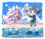  1boy 1girl ;d bow caitlin_(pokemon) clouds day dress eyelashes gen_4_pokemon green_shorts hat hat_bow highres holding holding_pokemon one_eye_closed open_mouth outdoors pink_dress piplup pokemon pokemon_(creature) pokemon_(game) pokemon_dppt pokemon_platinum sand sandals scrunchie shiny shiny_skin shore shorts sky smile standing thorton_(pokemon) toes tongue tora_(ctiger) twitter_username wading water white_bow white_headwear wrist_scrunchie younger 