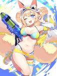  :d absurdres animal_ears anklet armpits bare_shoulders blonde_hair blue_eyes breasts eyebrows_visible_through_hair fluffy fox_ears hand_up high_heels highres inaho_(world_flipper) jewelry leg_up long_hair navel one_eye_closed open_mouth shibainu smile swimsuit tail thigh_gap toes visor_cap water_gun world_flipper 