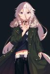  1girl absurdres belt black_background black_pants black_shirt blue_eyes cevio choker cio_hakatano coat commentary covering_mouth cowboy_shot fur-trimmed_coat fur_trim green_coat grin hair_flaps hair_tie highres holding holding_knife ia_(vocaloid) knife long_hair midriff navel pants pendant_choker platinum_blonde_hair shirt side_braids smile solo standing very_long_hair vocaloid 