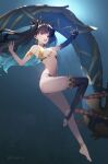  1girl :d armlet barefoot black_hair black_legwear breasts commentary earrings fate/grand_order fate_(series) full_body heavenly_boat_maanna highres hoop_earrings ishtar_(fate) ishtar_(fate)_(all) jewelry legs long_hair looking_at_viewer medium_breasts navel open_mouth red_eyes siino single_sleeve single_thighhigh smile solo thigh-highs toes twitter_username two_side_up under_boob 