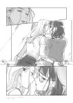  2girls agu_knzm closed_eyes commentary_request eyebrows_visible_through_hair glasses half-closed_eyes highres kiss long_hair looking_at_another looking_away looking_to_the_side medium_hair mirror multiple_girls original parted_lips sink sweatdrop teeth twitter_username yuri 