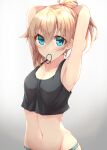  1girl absurdres alternate_hairstyle aqua_eyes armpits arms_up black_shirt blonde_hair breasts commentary crop_top eyebrows_visible_through_hair green_panties hair_tie hair_tie_in_mouth hands_in_hair highres kuzukiri_(riezenagel) looking_at_viewer mouth_hold navel original panties ria_(kuzukiri) shirt short_ponytail small_breasts standing tank_top tying_hair underwear underwear_only 