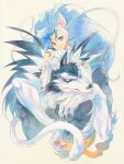  1boy 1girl agahari animal_ears beige_background blue_eyes blue_hair cat_ears cat_girl claws closed_mouth commentary_request felicia_(vampire) fur furry gallon highres long_hair looking_at_viewer simple_background smile traditional_media vampire_(game) wolf_boy 