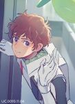  1boy amuro_ray bangs birthday blue_eyes brown_hair char&#039;s_counterattack closed_mouth curly_hair dated film_grain gundam haro indoors looking_at_another looking_at_viewer male_focus pilot_suit short_hair sideways_glance smile solo son_(skvnmn0) spacesuit waving zero_gravity 
