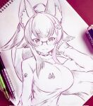  1girl :3 animal_ear_fluff animal_ears breasts choker closed_mouth collarbone eyebrows_visible_through_hair glasses hair_ornament highres hololive large_breasts long_hair looking_at_viewer ookami_mio pen pencil ponytail sketch smile solo traditional_media translation_request tsukareta_san virtual_youtuber wolf_ears 
