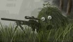  1other bush camouflage clover ghillie_suit googly_eyes grass ground gun lying no_arms no_humans on_stomach open_mouth original rifle scope skiba sniper_rifle spinning_top tree weapon what 