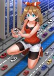  1girl bangs bare_arms bare_shoulders bike_shorts black_shorts blue_eyes blush brown_hair building camisole car closed_mouth commentary commission english_commentary eyebrows_visible_through_hair full_body giant giantess ground_vehicle hair_between_eyes hair_ribbon hairband highres holding kazenokaze lamppost lotus_(brand) lotus_evora may_(pokemon) motor_vehicle no_shoes one_knee pokemon pokemon_(anime) red_camisole red_hairband red_legwear red_ribbon ribbon road short_shorts shorts shorts_under_shorts sidelocks smile socks solo vehicle_request water white_shorts window 