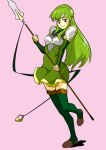  1girl armor boobplate boots closed_mouth dress fire_emblem fire_emblem:_mystery_of_the_emblem full_body gradient gradient_background green_dress green_eyes green_footwear green_hair headband highres holding holding_polearm holding_spear holding_weapon leg_up long_hair looking_at_viewer palla_(fire_emblem) pink_background polearm pretty-purin720 shadow short_dress shoulder_armor smile solo spear standing standing_on_one_leg thigh-highs thigh_boots very_long_hair weapon white_headband zettai_ryouiki 