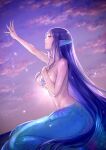  1girl blue_eyes blue_hair breasts clouds cloudy_sky commentary_request commission head_fins highres large_breasts long_hair mermaid monster_girl open_mouth original outstretched_arm shell shell_bikini skeb_commission sky solo star_(sky) starry_sky sunset t_misaomaru very_long_hair wet 