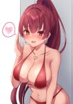  1girl bikini breasts earrings eyebrows_visible_through_hair hand_up heart heart_earrings heart_necklace heterochromia highres hololive houshou_marine jewelry large_breasts long_hair looking_at_viewer mikoto_paint navel red_bikini red_eyes redhead solo spoken_heart swimsuit 