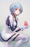  1girl ayanami_rei bangs blue_hair bodysuit breasts commentary commentary_request duplicate eyebrows_visible_through_hair food fruit hair_between_eyes hair_ornament highres holding holding_food looking_at_viewer neon_genesis_evangelion pilot_suit pixel-perfect_duplicate plugsuit red_eyes short_hair simple_background sitting solo taishi_(picchiridou) watermelon white_bodysuit 