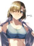  1girl brown_eyes brown_hair frown half_updo midriff one_eye_closed open_clothes open_shirt original solo somechime_(sometime1209) sports_bra twitter_username upper_body 