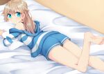  1girl absurdres ass bangs barefoot bed blue_eyes blue_hoodie blue_shorts closed_mouth commentary eyebrows_visible_through_hair highres hood hood_down hoodie kuzukiri_(riezenagel) leg_up light_brown_hair long_hair looking_at_viewer looking_back lying off_shoulder on_bed on_stomach original pillow pillow_hug ria_(kuzukiri) shirt short_shorts shorts sleepwear smile solo striped striped_shirt 
