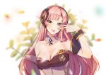  1girl :p armband blurry blurry_background breasts collarbone commentary detached_collar dress floral_background gold_trim large_breasts long_hair looking_at_viewer megurine_luka pink_hair plant solo strapless strapless_dress tongue tongue_out upper_body v v_over_eye very_long_hair vocaloid white_background wrist_cuffs yen-mi 