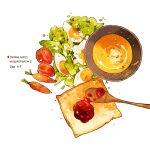  bowl bread carrot commentary cyannism egg english_commentary english_text food food_focus jam no_humans original simple_background spoon toast tomato vegetable white_background 