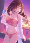  1girl absurdres bare_shoulders bikini braid breasts brown_hair commentary_request cup drinking_glass dusk dutch_angle highres holding holding_cup hoshina_hoshimi idolmaster idolmaster_shiny_colors large_breasts long_hair looking_at_viewer low_twin_braids navel ocean pink_bikini pink_eyes side-tie_bikini solo swimsuit tsukioka_kogane twin_braids 