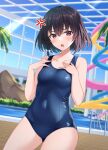  1girl anger_vein ass_visible_through_thighs bangs bare_arms bare_shoulders black_hair blue_swimsuit blurry blurry_background blush bow braid breasts commentary_request covered_navel cowboy_shot day depth_of_field eyebrows_visible_through_hair hair_between_eyes hair_bow hands_up highres indoors komori_kuzuyu one-piece_swimsuit open_mouth original pool railing school_swimsuit side_braid single_braid slide small_breasts solo swimsuit v-shaped_eyebrows violet_eyes water water_slide white_bow 