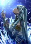  bare_shoulders blue_dress blurry crying delsaber depth_of_field dress fire_emblem fire_emblem:_the_blazing_blade hair_ornament highres ice light_blue_hair long_hair looking_up ninian_(fire_emblem) red_eyes shawl sparkle 
