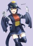  1girl blue_hair blue_skirt fang garchomp gen_4_pokemon gloves hat long_hair miniskirt open_mouth personification pink_background pleated_skirt pokemon ponytail skirt smile solo somechime_(sometime1209) thigh-highs twitter_username two_side_up white_gloves yellow_eyes 