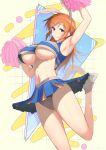  1girl animal_ears arm_up armpits black_panties blue_eyes blush breasts charlotte_e._yeager cheerleader eyebrows_visible_through_hair grin highres large_breasts long_hair looking_at_viewer midriff miniskirt navel orange_hair panties parted_lips pom_pom_(cheerleading) rabbit_ears shiny shiny_hair shiny_skin skirt smile solo strike_witches under_boob underwear varie7k world_witches_series 