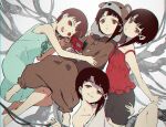  4girls animal_costume asymmetrical_hair bear_costume blouse brown_eyes brown_hair cable dress gabu_(az210309) grin hair_ornament hairclip highres iwakura_lain looking_at_viewer multiple_girls multiple_persona off_shoulder open_mouth parted_lips pda serial_experiments_lain short_hair single_sidelock skirt sleeveless sleeveless_dress smile white_dress x_hair_ornament 