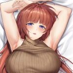  1girl ahoge armpits arms_up blue_eyes breasts brown_hair brown_sweater chinese_commentary cropped dakimakura_(medium) embarrassed eyebrows_visible_through_hair from_above furrowed_brow hair_down large_breasts long_hair looking_at_viewer lying lyrical_nanoha mahou_shoujo_lyrical_nanoha maskwolf on_back open_mouth ribbed_sweater sample sleeveless sleeveless_sweater sleeveless_turtleneck solo sweat sweatdrop sweater takamachi_nanoha turtleneck turtleneck_sweater upper_body 