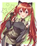  1girl animal_ears bangs belt blush breasts brown_belt brown_gloves cat_ears claw_pose commentary_request detached_sleeves fingerless_gloves fire_emblem fire_emblem_awakening gloves hair_between_eyes hair_ornament highres kakiko210 kemonomimi_mode long_hair looking_at_viewer medium_breasts open_mouth redhead severa_(fire_emblem) solo star_(symbol) twintails 