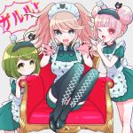  3girls :d alternate_costume alternate_hair_length alternate_hairstyle animal_print apron bangs black_nails blonde_hair breasts cat_print child commentary_request dangan_ronpa:_trigger_happy_havoc dangan_ronpa_(series) dangan_ronpa_another_episode:_ultra_despair_girls double_bun dress enoshima_junko eyebrows_visible_through_hair fang fangs fingernails green_dress green_eyes green_footwear green_hair green_legwear grey_background hair_ornament hand_up hands_up keroro7 knees_up large_breasts long_fingernails long_hair looking_at_viewer maid maid_apron maid_headdress monokuma multiple_girls nail_polish one_eye_closed open_mouth pink_hair red_eyes red_nails shiny shiny_hair short_hair simple_background smile thigh-highs towa_monaka translation_request utsugi_kotoko v-shaped_eyebrows white_apron 