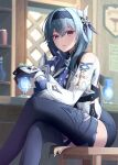  1girl absurdres blue_hair crossed_legs cup drink drinking_glass eula_(genshin_impact) genshin_impact gloves hairband half-closed_eyes highres leotard long_sleeves looking_at_viewer mon-chan sitting solo thigh-highs vambraces 