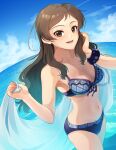  1girl bikini blue_sky breasts brown_eyes brown_hair clouds cloudy_sky condensation_trail day dutch_angle frilled_bikini frills front-tie_bikini front-tie_top highres holding horizon idolmaster idolmaster_million_live! kamille_(vcx68) kitazawa_shiho long_hair looking_at_viewer medium_breasts navel ocean open_mouth outdoors purple_bikini purple_scrunchie scrunchie sky smile solo standing swimsuit veil water wrist_scrunchie 