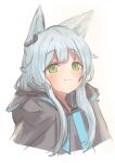  1girl absurdres animal_ears arknights black_jacket blue_hair blush cat_ears commentary cropped_torso earpiece eyebrows_visible_through_hair green_eyes highres hiiragi_ragi jacket light_blue_hair portrait raised_eyebrows rosmontis_(arknights) simple_background smile solo white_background 
