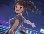  1girl ahoge bag bangs black_skirt blurry blurry_background bokeh bracelet brown_hair carrying clouds cloudy_sky depth_of_field drill_hair earrings from_behind grey_shirt hair_ribbon handbag high-waist_skirt holding_hands idolmaster idolmaster_million_live! jewelry kamille_(vcx68) looking_at_viewer looking_back medium_hair necklace night night_sky open_mouth outdoors pov purple_ribbon railing ribbon shirt short_sleeves side_drill side_ponytail sidelocks skirt sky smile star_(sky) starry_sky violet_eyes wind yokoyama_nao 