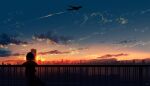  1girl aircraft airplane building city city_lights clouds highres horizon original railing scenery signature silhouette sky skyrick9413 skyscraper solo sunset twilight 