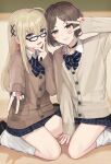 2boys black_nails blonde_hair brown_hair character_request classroom copyright_request crossdressinging glasses grey_eyes grin highres jacket long_hair long_sleeves loose_socks male_focus multicolored multicolored_nails multiple_boys nail_polish open_mouth otoko_no_ko pleated_skirt red_nails school_uniform sitting skirt smile sunaba_(nczd5875) sweater_jacket v w yellow_nails 