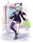  1girl bangs blue_hair bsapricot_(vtuber) commission demon_wings eyebrows_visible_through_hair fang green_eyes hexunart horn_piercing horns looking_at_viewer mini_wings multicolored_hair multiple_horns open_mouth pointy_ears purple_horns single_thighhigh skin_fang solo sword_earrings thigh-highs tiara virtual_youtuber vshojo wings 