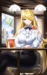  1girl alternate_costume black_pants black_ribbon blonde_hair breasts cafe casul ceiling_light chair collared_shirt crossed_legs cup cynthia_(pokemon) english_commentary eyebrows_visible_through_hair frilled_sleeves frills grey_eyes hair_ornament hair_over_one_eye highres holding holding_cup indoors long_hair long_sleeves neck_ribbon neck_ruff pants pitcher pokemon pokemon_(game) pokemon_dppt ribbon shirt sitting solo table tea teacup very_long_hair white_shirt window 