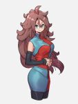  1girl android_21 blue_eyes breasts brown_hair checkered checkered_dress dragon_ball dragon_ball_fighterz dress grey_background hat kemachiku long_hair looking_at_viewer medium_breasts simple_background smile solo 