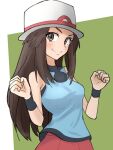 1girl bare_shoulders blue_shirt blush brown_eyes brown_hair eye_contact hat leaf_(pokemon) long_hair looking_at_another looking_at_viewer pokemon shirt simple_background smile solo vanishingknife 