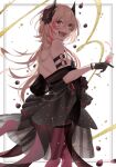  1girl black_dress black_gloves blonde_hair breasts cup dress drinking_glass girls_frontline gloves highres holding holding_cup long_hair m4_sopmod_ii_(girls_frontline) medium_breasts multicolored_hair official_alternate_costume pantyhose rabb_horn red_eyes red_legwear redhead solo streaked_hair wine_glass 