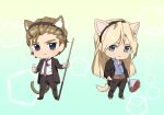  2boys animal_ears belt belt_buckle black_footwear black_jacket black_pants blonde_hair blue_eyes blue_shirt bouquet brown_footwear brown_hair buckle cat_ears cat_tail chibi cue_stick fake_animal_ears flower formal full_body gundam gundam_wing hand_in_pocket holding holding_bouquet holding_cue_stick jacket long_hair multiple_boys pants rain_(regen) rose shirt short_hair smile suit tail treize_khushrenada white_shirt zechs_merquise 