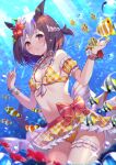  1girl animal_ears bikini brown_hair commentary_request fish highres homaderi horse_ears horse_girl leg_garter looking_at_viewer multicolored_hair short_hair solo special_week_(umamusume) swimsuit two-tone_hair umamusume underwater white_hair 