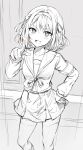  1girl :d absurdres armband bangs blush brown_hair collarbone commentary_request eyebrows_visible_through_hair feet_out_of_frame greyscale hair_intakes hair_ribbon hand_on_hip hand_up highres holding index_finger_raised kita_high_school_uniform long_sleeves looking_at_viewer monochrome open_mouth pointing ribbon sailor_collar school_uniform sketch skirt smile solo suzumiya_haruhi suzumiya_haruhi_no_yuuutsu tokkyu 
