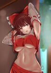  1girl :d armpits berrycreate blush bow breasts brown_eyes brown_hair commentary_request detached_sleeves doorway hair_bow hakurei_reimu head_tilt highres huge_bow indoors looking_at_viewer navel no_bra open_mouth panties red_bow red_shirt red_skirt ribbon-trimmed_sleeves ribbon_trim shirt side-tie_panties skirt smile solo touhou tree under_boob underwear white_panties white_sleeves 
