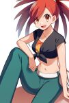  1girl belt blue_pants commentary crop_top flannery_(pokemon) hand_on_own_knee highres knee_up midriff navel open_mouth pants pokemon pokemon_(game) pokemon_oras ponytail red_eyes redhead shirt short_sleeves sitting smile solo tied_shirt upper_teeth yuihico 